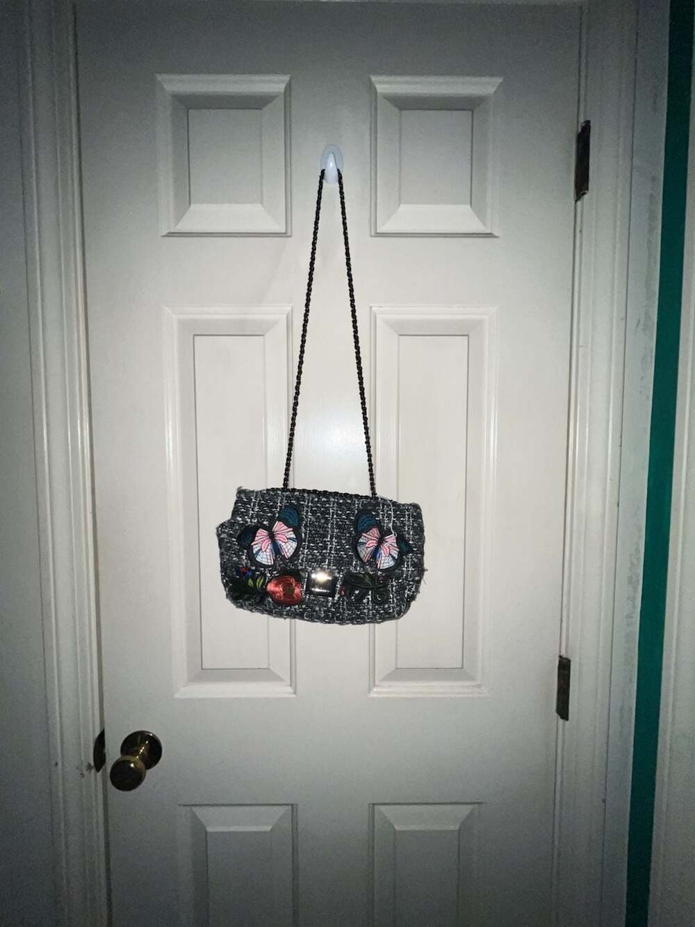 Cristina Sabatini Black Blue Tweed Wool Handbag with Butterfly and Floral Embroi